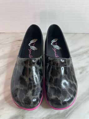 smitten Black Leopard Patent Mules with Pink Trim